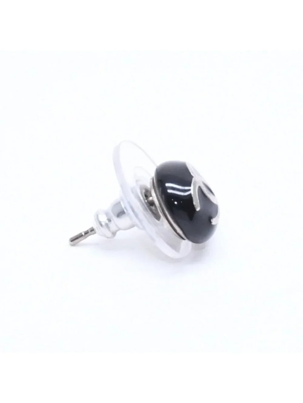 Chanel Button Earrings CC Logo Black Silver 03